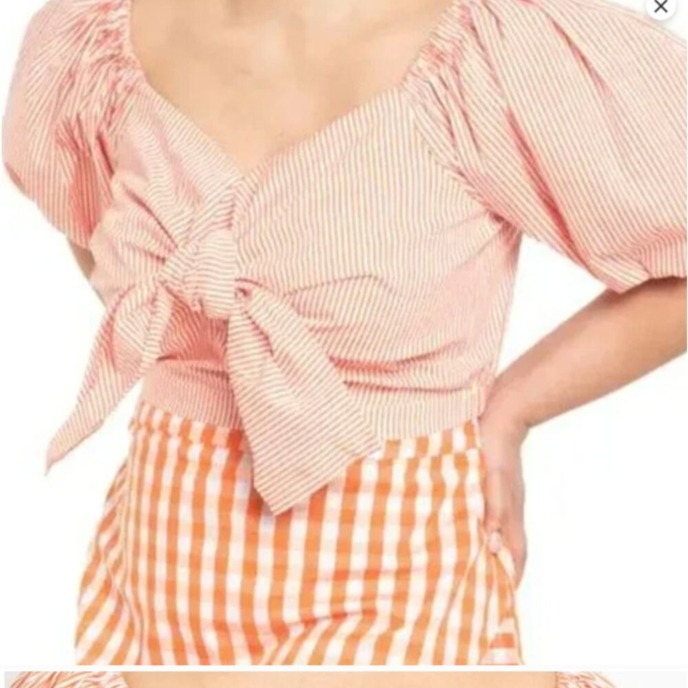 Eloquii Orange Puff Sleeve Tie Front Blouse